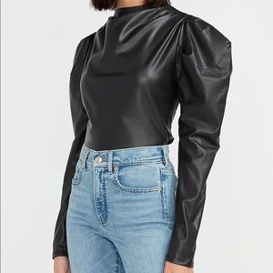 Faux Leather Puff SleeveMock Neck Top